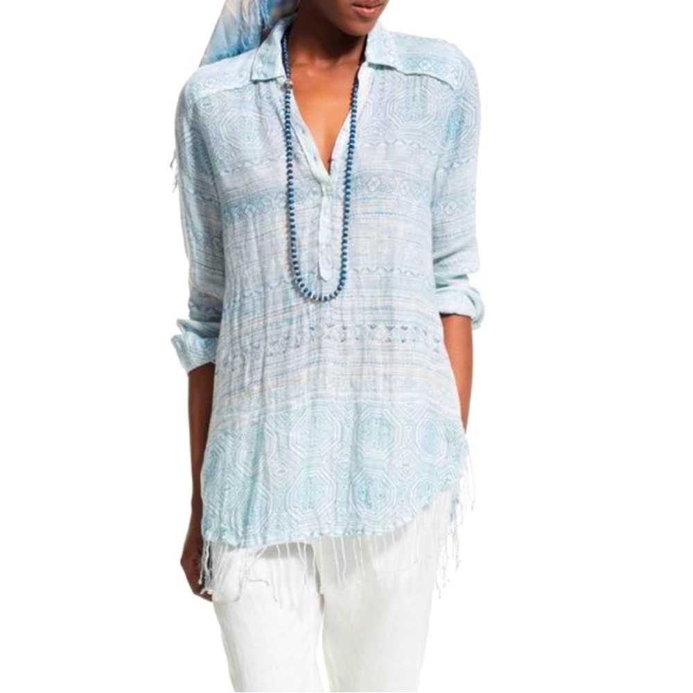 CALYPSO St. Barth Lavisa Block Printed 100% Linen Fringe Shirt Tunic Size XS